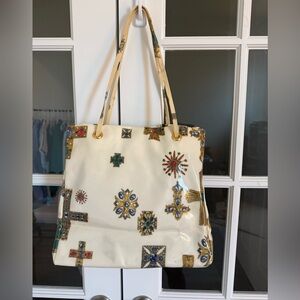 Roberto Cavalli PVC Elegant Embellished Cream Tote Bag Whimsigoth Punk